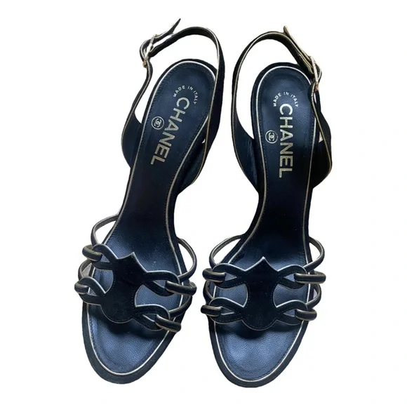Vintage CHANEL Black Strap Slingback Heels with Logo Motif - Picture 1 of 7